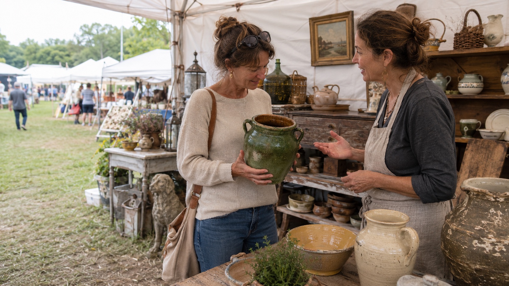 Two collectors examining antique pottery at an outdoor antiques market