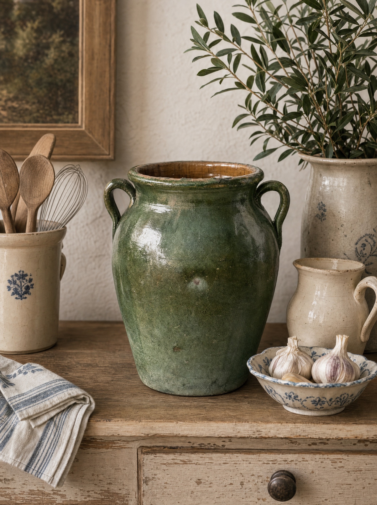 Green antique vessel displayed among kitchen pottery and collected objects