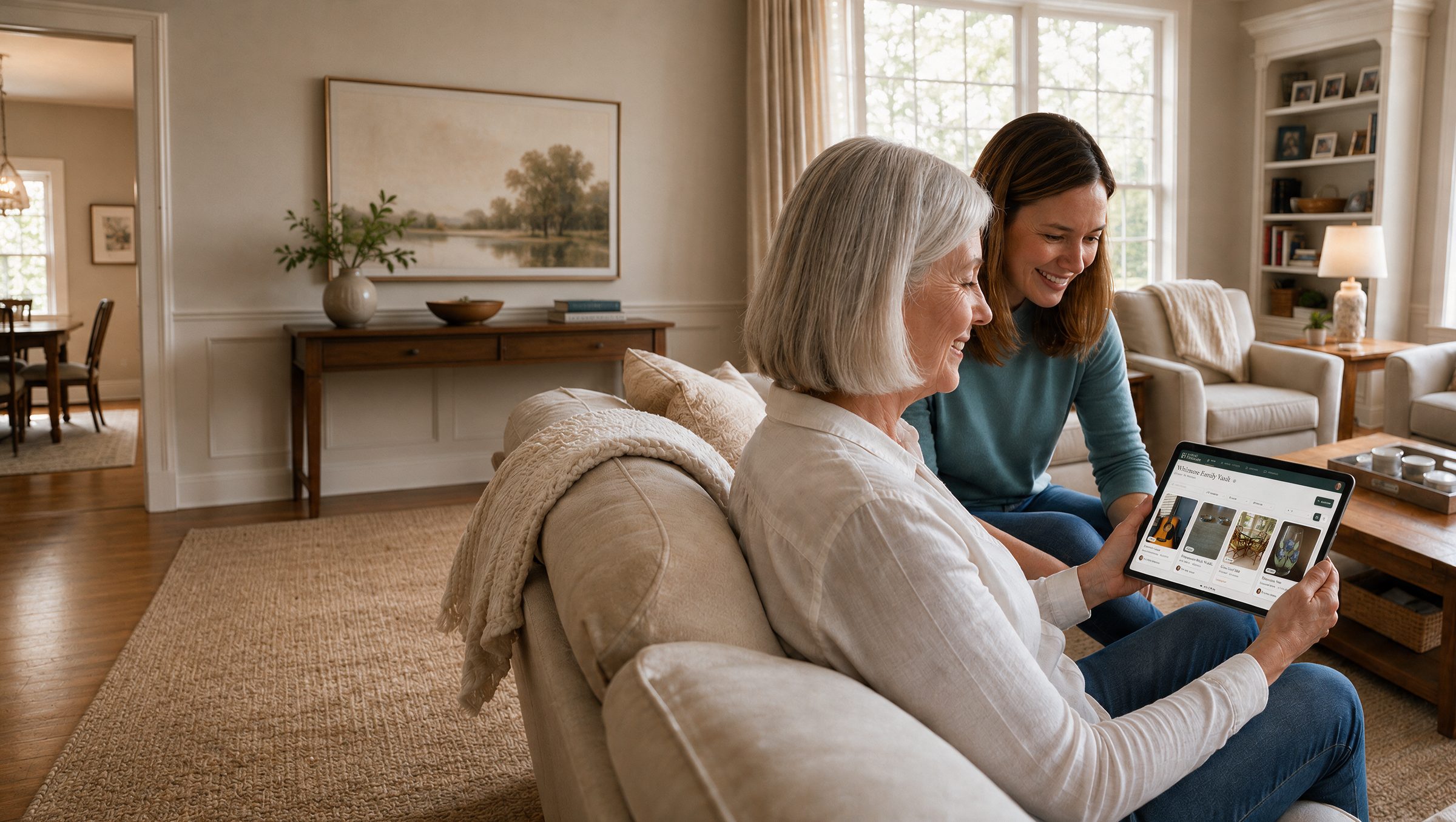 A mother and daughter sitting together on a sofa, looking through their family's belongings on a tablet