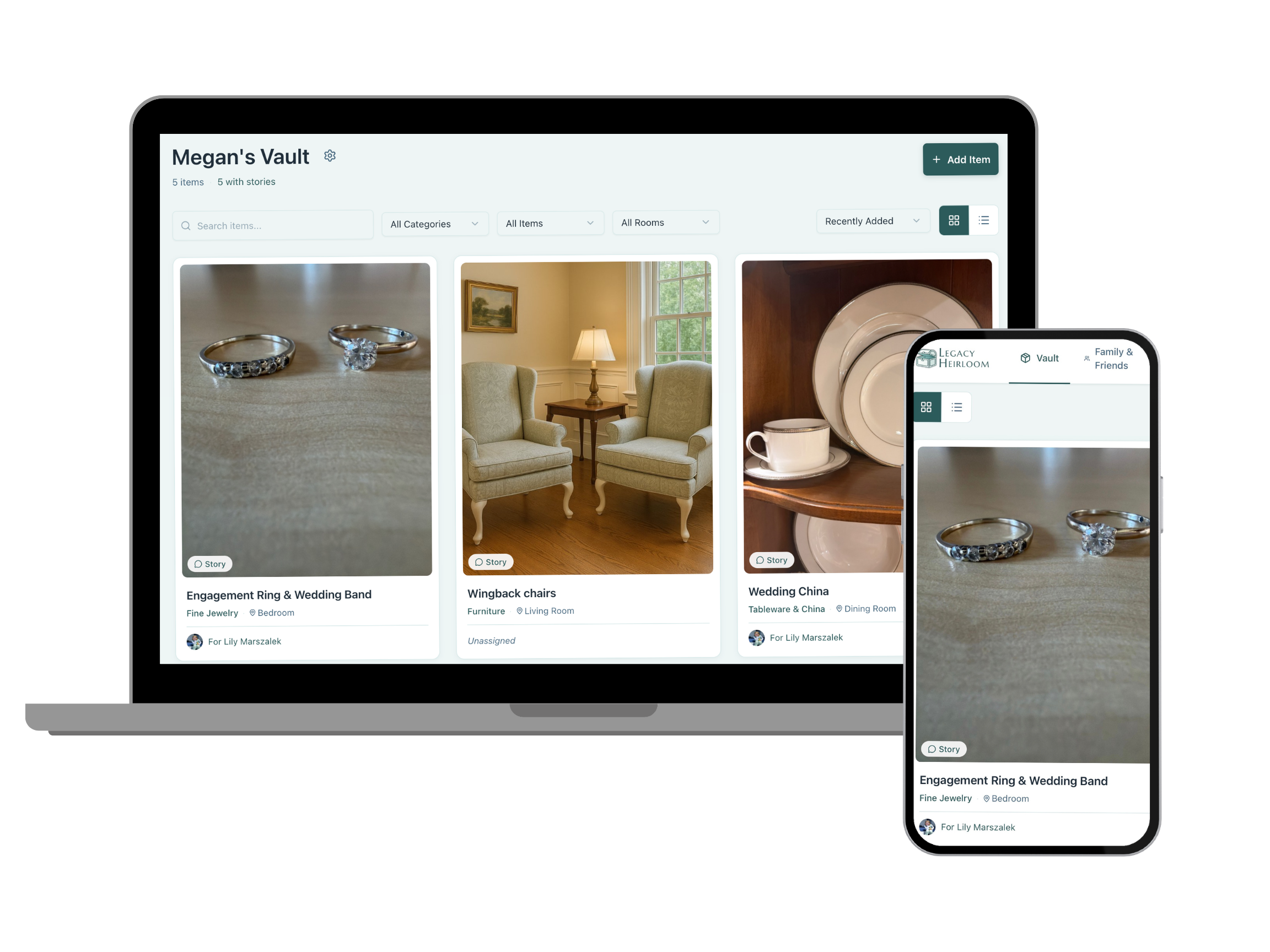 Legacy Heirloom vault interface showing documented family belongings